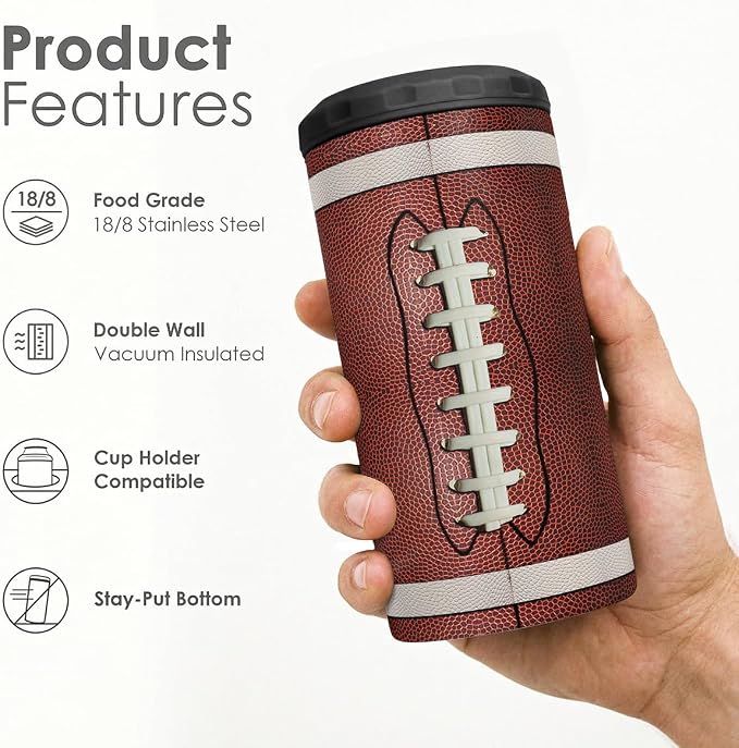 Football Can Cooler 12oz - Travel Mug Cups - Stainless Steel Insulated for Men Women Players - Tumbler Cans Koozie, Sport Gift for Fan Coach Lovers