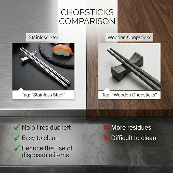 5 Pairs Chopsticks Dishwasher Safe, Stainless Steel Chopsticks | Non Slip Metal Chop Sticks Reusable Japanese Korean Chinese Chopstick for Home Restaurant Cooking Eating
