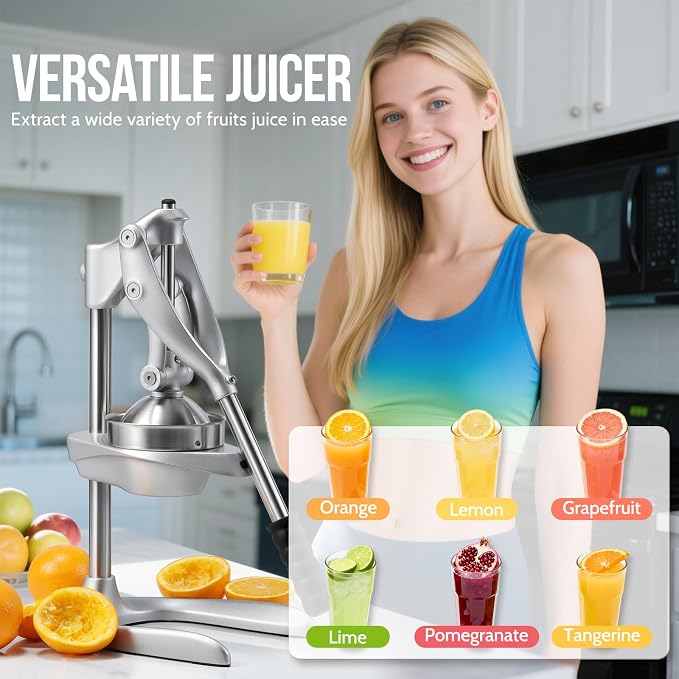 Manual Juicer, Easy to Use, Stainless Steel Juice Press for Citrus Fruits | Extended Handle, Max Extraction, Dishwasher Safe, Extra-Large, Squeeze Multi-Fruits, Ideal for Home, Travel, Commercial Use