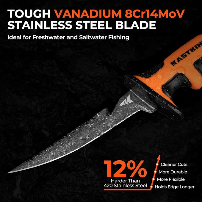KastKing Ultimate Angler 5" Bait Knife, Fishing Knife for Men | Vanadium Stainless Steel Blade, Non-Slip Handle, Corrosion-Resistant, Dual Edge, Includes Sheath, Sharpener, Carabiner
