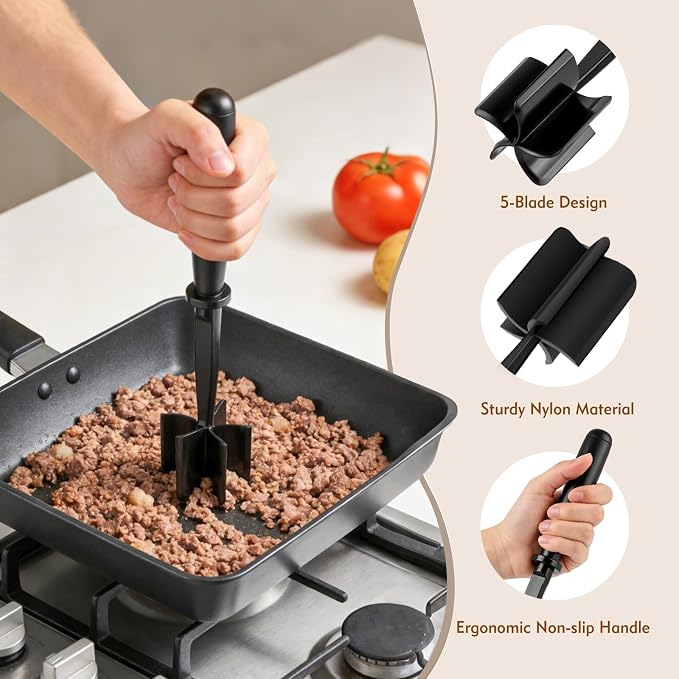 Meat Masher, Ground Beef Masher with 5 Curve Blades & Non-Slip Handle | Upgrade Heat Resistant Hamburger Smasher Tool for Hamburger & Potatoes, Non Stick Mix Ground Meat Chopper(Black)