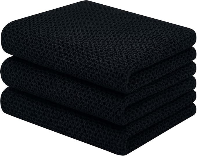Homaxy 100% Cotton Waffle Weave Kitchen Towels, 3-Pack, Black | 13 x 28 Inches, Ultra Soft Absorbent Dish Towels, Quick Drying Cleaning Towels