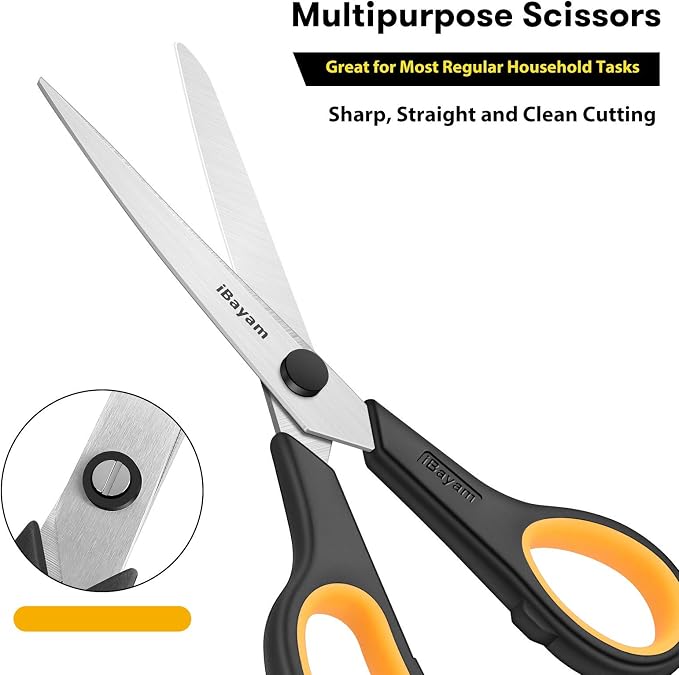 iBayam 8.5" Heavy Duty Black Scissors for Office School Classroom Home Use | Precision 2.5mm Thickness Ultra Sharp Blade| Comfort Grip Right/Left Handles| Multipurpose | Cutting Paper Fabric Packaging