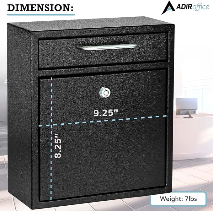 AdirOffice Wall Mount Mailbox - Mailbox with Lock and Keys- Durable Wall Mounted Locking Mailbox and Cash Drop Box for House, Apartments and Bussiness After Hours Deposits