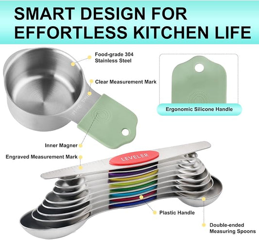RUNZI 16 Pcs Magnetic Measuring Cups and Spoons Set,Stackable Metal Measure Cup for Measuring Dry and Liquid Ingredients,Kitchen Dry Food, Cooking Baking Measurements,Silvery
