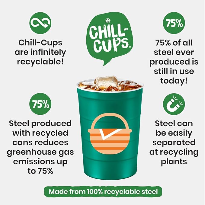 Steel Chill Cups 16 oz. Reusable Party Cups, Summer BBQ Grill, 12 Count | Made in USA from Steel these durable cups chill fast & keep your drink cold for longer, 100% recyclable for sustainablity
