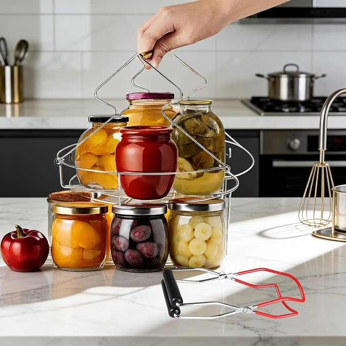 Stainless Steel Canning Rack with Jar Lifter Tongs, 11 Inch, 2-Piece Set | Heavy-duty canning basket separates mason jars for even water flow; fits water bath and pressure canners plus stock pots.
