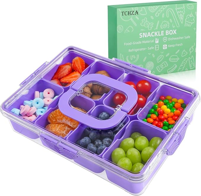 Snackle Box Container Dishwasher Safe Divided Serving Tray with Lid Handle | Charcuterie Board for Portable Snack Platters, Organizer for Fruits Snacks, Perfect for Road Travel - Purple