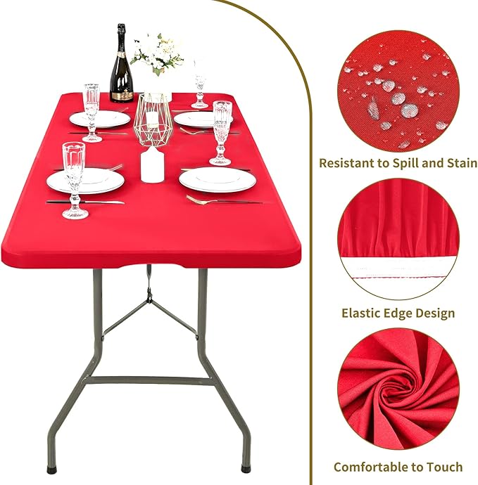 10 Pack Stretch Fabric Table Top Cap Cover, fits 6' Tables, Spandex Table Covers Washable Elastic Rectangle Tablecloth Protector for Indoor Outdoor Party Picnic Wedding, Red, 30" W x 72" L
