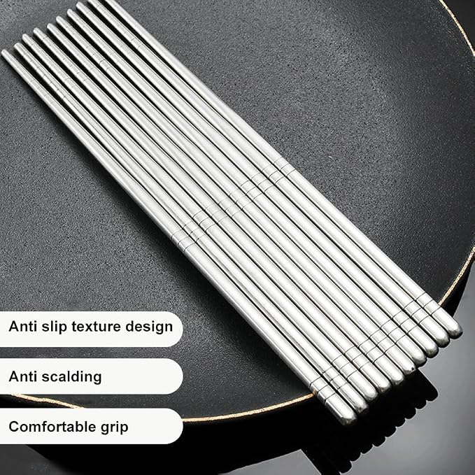Metal Chopsticks Set 5 Pairs, Stainless Steel Square Chopsticks 8.86 in, Mirror Polished Silver, Non Slip Tip Reusable Chop Sticks for Noodles Dumplings Sushi, Dishwasher Safe