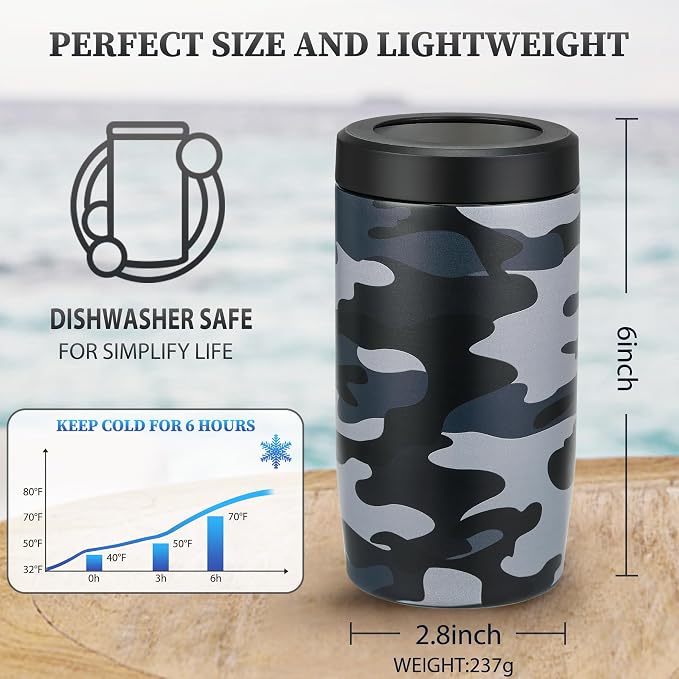 MAXSO Slim Can Cooler, 4-in-1 Double Walled Stainless Steel Insulated Beer Can Holder, Works With All 12 Oz Cans,Bottles & As A Pint Cups - Camouflage