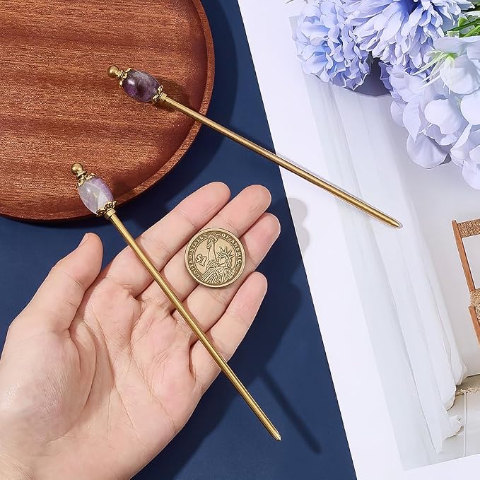 PH PandaHall 2pcs Natural Purple Amethyst Hair Stick Golden Hairpins Chinese Hairpin 5.9 inch Metal Hair Sticks Brass Hairs Chopstick Vintage Hairpin for Women Gift Long Hairs Ornament Accessory