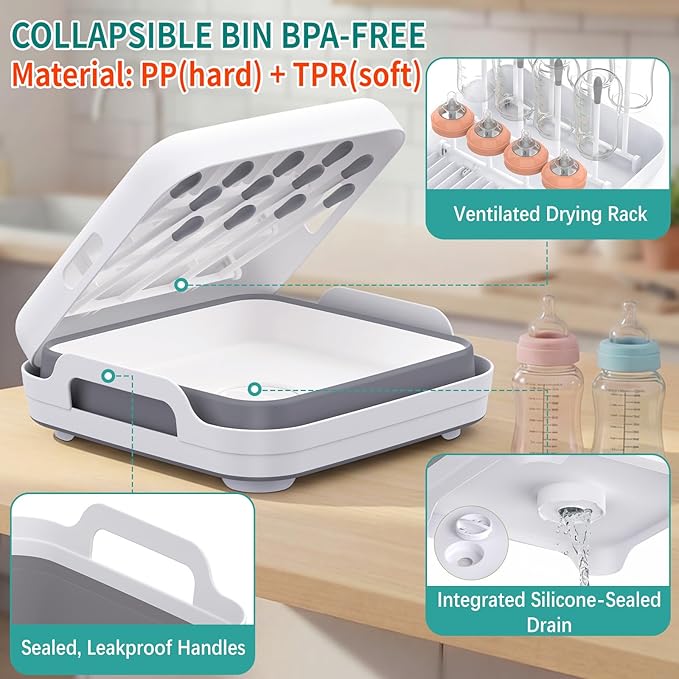 Yecuip Collapsible Baby Bottle Wash Basin w/Drying Rack & Drain Plug, Gray | 2.4 Gallon Foldable Dish Tub w/Handles,Portable RV Camping Sink & Space-Saving Wash Bin with Lid for Kitchen,Travel & Outdoor