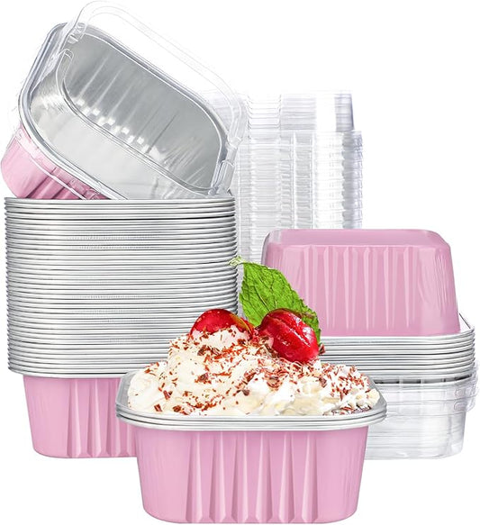 EUSOAR Cupcake Liner, 50pcs 10oz Pink Foil Mini Flan with Lids, Loaf Pans Aluminium Tins for Baking, Disposable Creme Brulee Cups Dessert Containers for Pie Souffle, Cake Holder for Party Serving