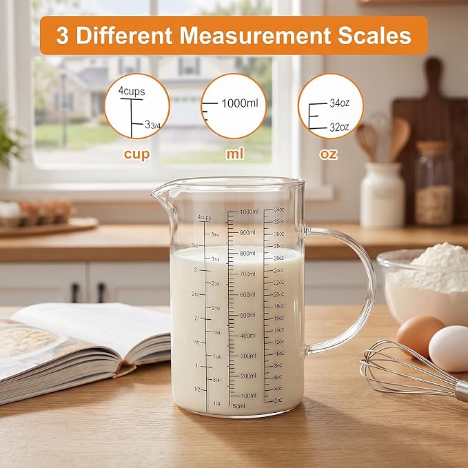 Graduated Glass Measuring Cup With Handle 1000ML (32Oz, 4Cups) | High Borosilicate Liquid Measuring Cup for Baking Cooking Kitchen V-Shaped Spout Glass Measuring Beaker Easy To Read
