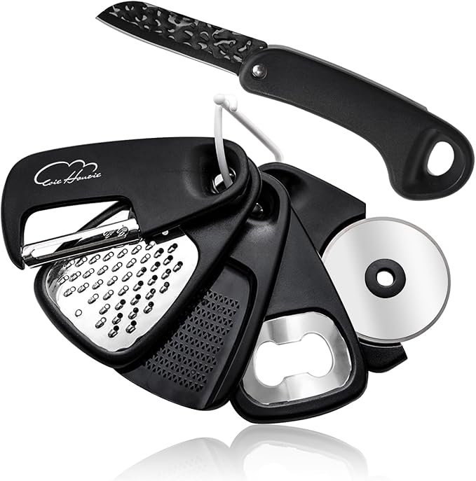 Kitchen Gadgets Set 6 Piece, Space Saving, Portable, Black | Stackable Gadgets Utensils, Grater, Bottle Opener, Pizza Cutter, Peeler, Paring Knife, Garlic Grinder, Storage Bag