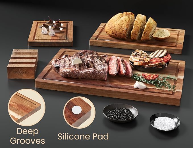 Fibogollo Set of 3 Acacia Wood Kitchen Cutting Boards with Holder | Wooden Chopping Boards Set with Juice Groove, Serving Board with Storage Stand,Butcher Block for Meat,Vegetables,Fruit