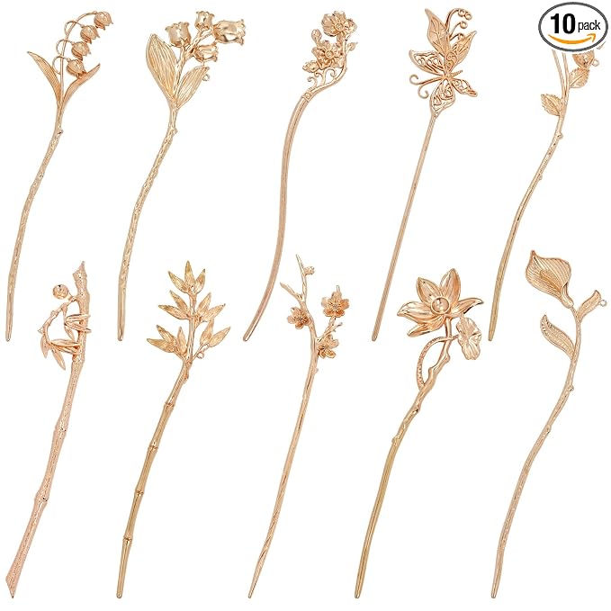 Lawie 10 Pack Gold Hair Sticks Flower Leaf Decorative Metal Long Hair Pins Bun Holders Chopsticks for Hair Chinese Hanfu Costume Retro Vintage Fancy Headpieces Accessories for Women Girls