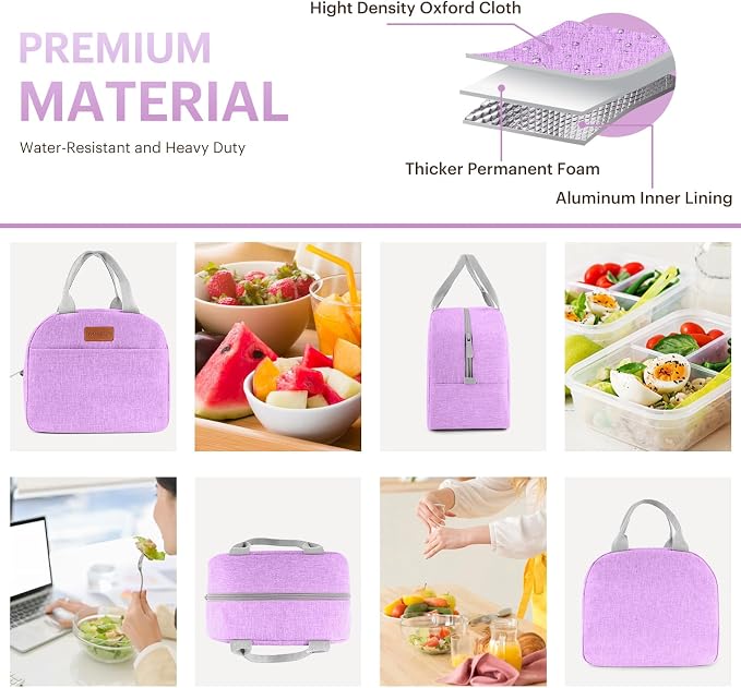 Lunch Bag for Women & Men Adult Insulated Lunch Box, Small Leakproof Cooler Food Lunch Containers Reusable High Capacity Lunch Tote Bags for Work, Travel, Outdoor (Purple)