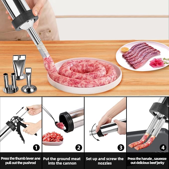 Professional Beef Jerky Gun Kits Stainless Steel Jerky Maker - Jerky Maker Jerky Cannon Meat Gun Stainless Steel Jerky Gun Large Capacity Jerky Making Kit