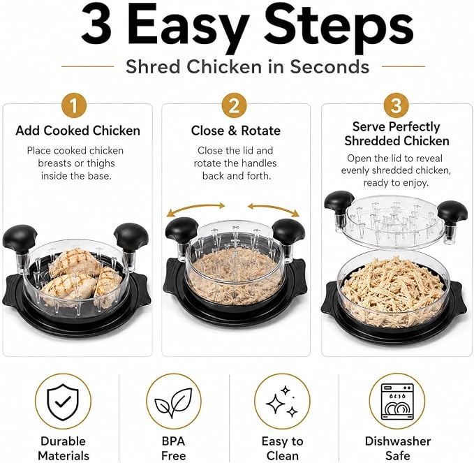 Chicken Shredder Tool Twist, Large Chicken Breast Shredder with Anti-Slip Base, Ergonomic Handles & Visible Lid, BPA Free, Dishwasher Safe, for Chicken, Pork, Beef, Meal Prep