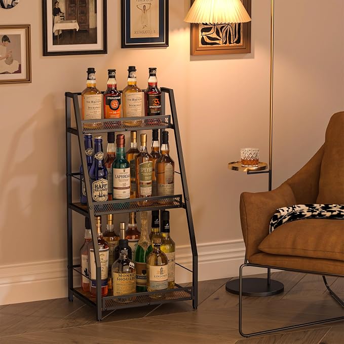 Hayexiha 3-Tier Liquor Stand for Home Bar, Stepped Freestanding Wine Rack | Compact Display: 15.55-inch-wide wood-and-iron stand has three fenced tiers and adjustable feet for corners or home bars.