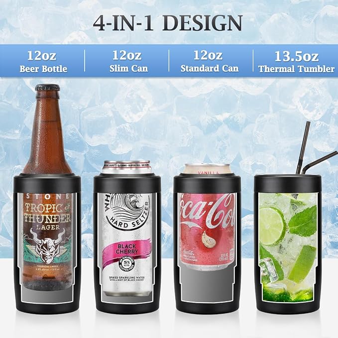 Maxso Slim Can Cooler, 4-in-1 Double Walled Stainless Steel Insulated Beer Can Holder, Works With All 12 Oz Cans,Bottles & As A Pint Cups - Matte Black