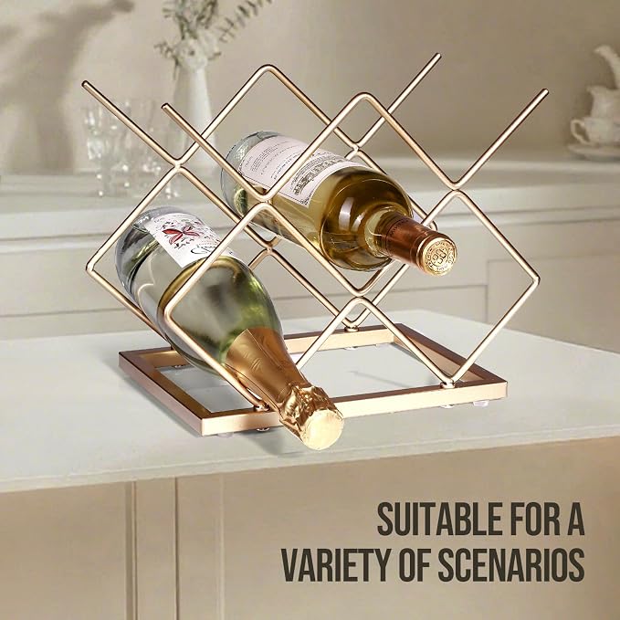 Countertop Wine Rack - 5 Bottle Freestanding Modern Gold Metal Small Wine Rack - Tabletop Wine Holder Stand for Cabinet, Pantry, Wine Bottle Storage… (Large Size-Gold 5btl)