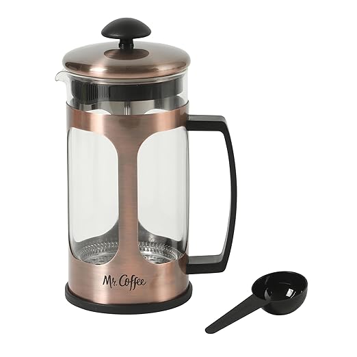 Mr. Coffee Daily Brew French Press Coffee Maker, 30-Ounce Glass Carafe with High Heat Resistant Durable Borasilicate Glass & Copper Metal Frame and Plunger, Includes Coffee Scoop
