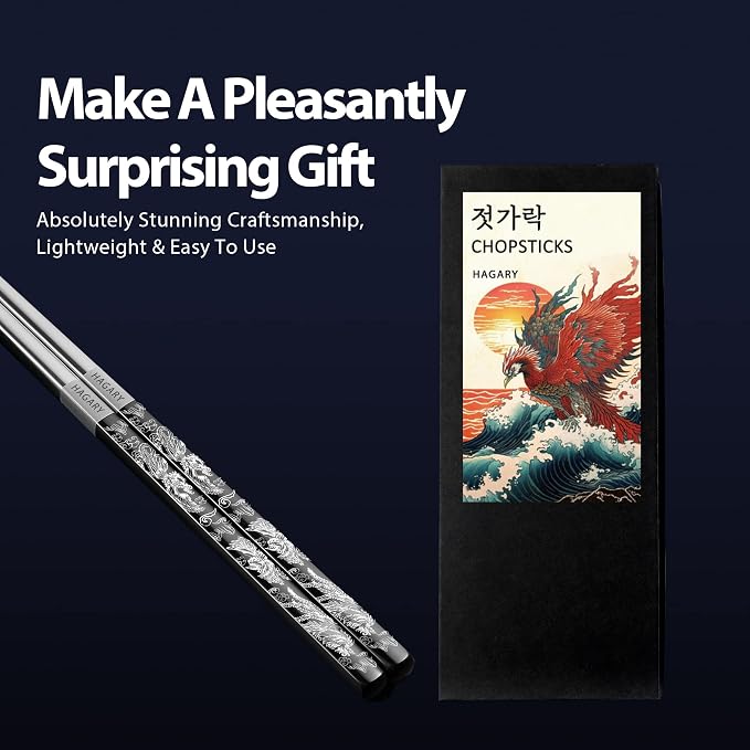 Phoenix Chopsticks Metal Reusable Designed In Korea Japanese Style Stainless Steel 316 18/10 Non-Slip Dishwasher Safe Laser Etched (Black - 2 Pairs)