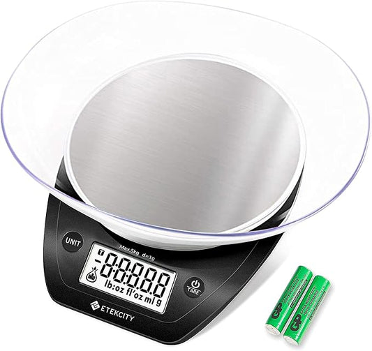 Etekcity 0.1g Food Scale, Bowl, Digital Grams and Ounces for Weight Loss, Dieting, Baking, Cooking, and Meal Prep, 11lb/5kg, Stainless Steel Black | 11lb/5kg capacity with tare, removable bowl, ideal for baking, coffee, meal prep and portion control, S...