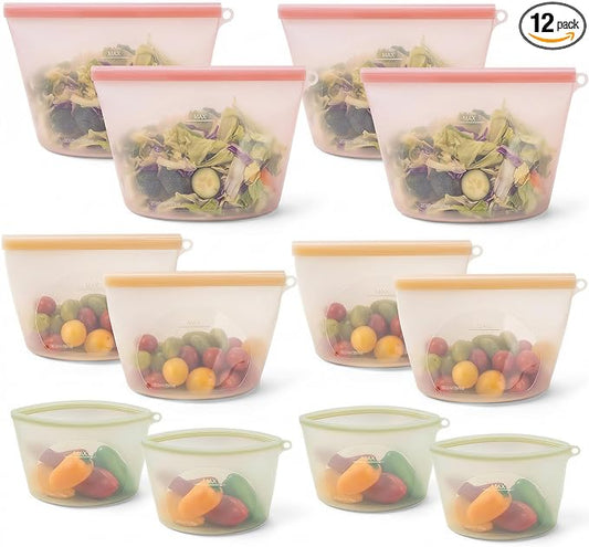 12-Packs Slider Reusable Silicone Food Storage Bags, 100% Silicone Stand-Up Wide-Open Leakproof Reusable Storage Bags for Food, Freezer Microwave Oven Dishwasher Safe, Eco-Friendly, Mixed 4L 4S 4XS