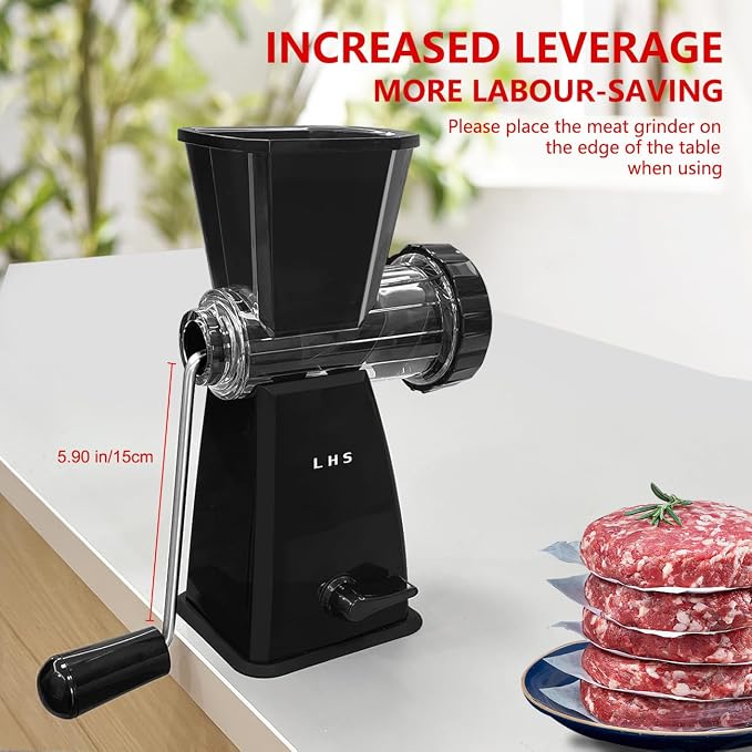 Manual Meat Grinder with Stainless Steel Blades Heavy Duty Powerful Suction Base for Home Use Fast and Effortless for All Meats-Black