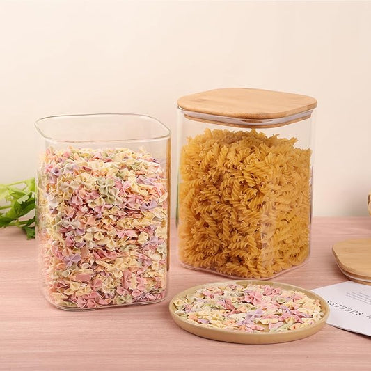 Liuruiyu Glass Food Storage Jars 150 Set of 2,Glass Storage Containers Clear Glass Food Canister with Bamboo Lid Airtight For Serving Tea, Coffee, Flour, Sugar, Candy, Cookie, Spice and More (Square)