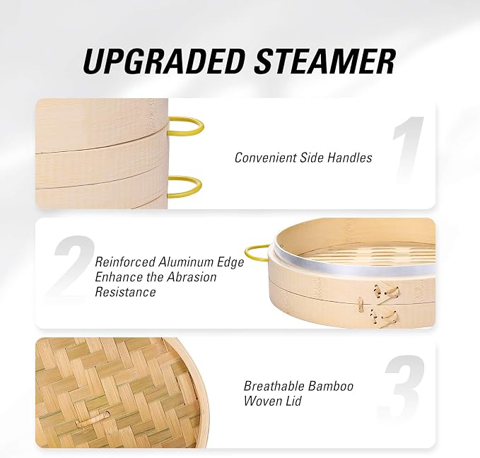 MacaRio 10 Inch Bamboo Steamer Basket Set Dumpling Steamer for Cooking | 2-tier with lid side handles chopsticks ceramic sauce dishes 50 paper liners for dumplings buns vegetables