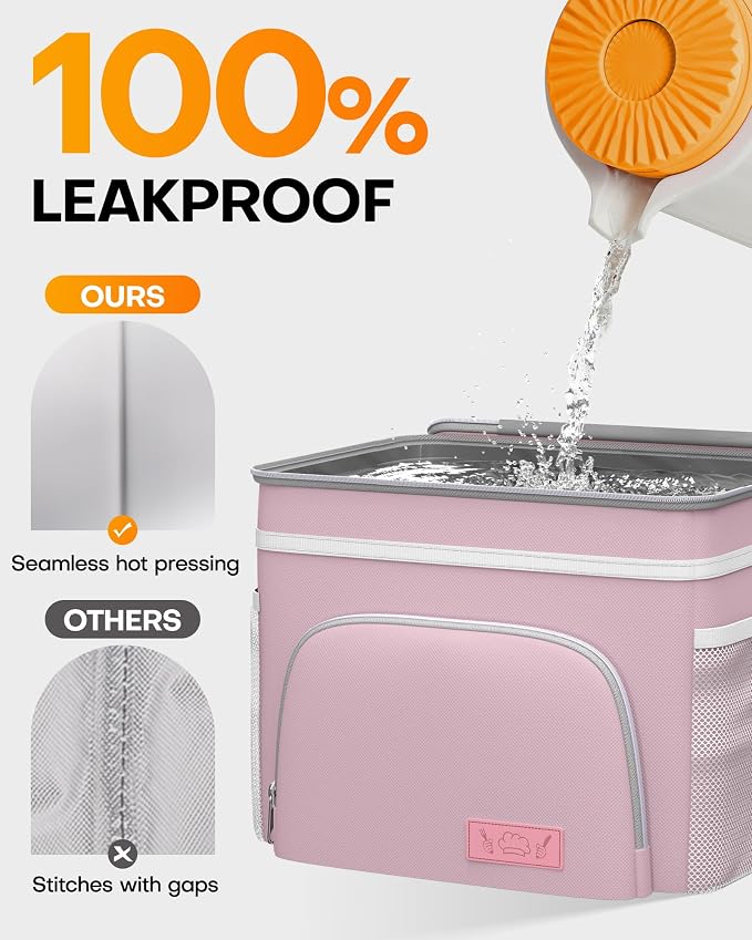 HOTOR Insulated Lunch Box Men Women Leak-Proof Cooler Lunch Bag 9L | 4 Pockets, Adjustable Strap, Ideal for Work, Picnic, Travel, Camping, Gift, Pink