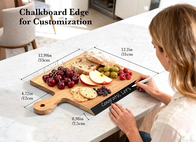 Acacia Wood Cutting Board with Handle, 2-in-1 Reversible Charcuterie Board & Chopping Board, Large 17"x13" Chalkboard Edge Serving Board for Meat & Cheese, Fruit and Nuts, Christmas Gift