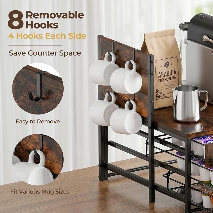 K Cup Holder Organizer for Countertop, 3-Drawer Coffee Pod Holder with 8 Removable Mug Hooks, Holds Up to 80 Pods, Coffee Station Organizer for Kitchen, Coffee Bar, Office