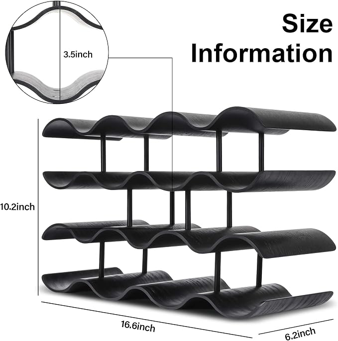 Countertop Wine Rack - 14 Bottle Freestanding Wine Bottle Holder Stand - 4 Tier Wooden Wine Storage Rack - Black Wavy Wine Organizer for Cabinet Pantry Home Kitchen Bar