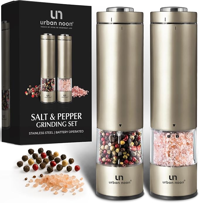 Urban Noon Electric Salt and Pepper Grinder Set (2 Mills, 8.1" Tall) - One-Handed Battery Operated Push-Button Mills with LED Light, Adjustable Ceramic Coarseness, 1-Year Warranty - Champagne