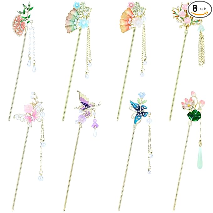 inSowni 8 Pieces Retro Asian Chinese Traditional Hanfu Gold Metal Fan Lotus Flower Butterfly Hair Pins with Bead Pendants Long Hair Sticks Forks Bun Updo Holders Hairpins for Women Girls (8PCS S6)