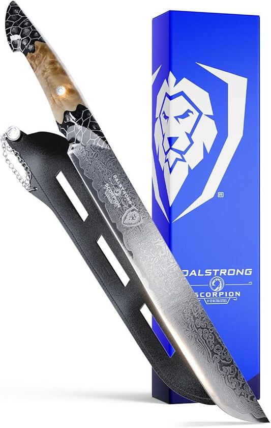 Dalstrong Meat Slicer Knife - 11”-Scorpion Series - Venom Edition - Japanese Steel Chef Knife - Spiral Sandstorm Blade Pattern - Black Honeycomb Resin Handle - w/Leather Sheath