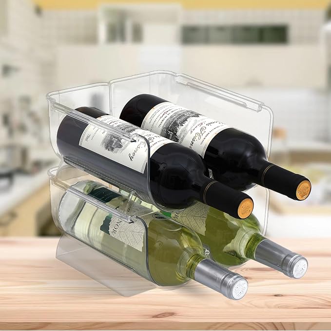 Set of 2 Stackable Tabletop Wine Rack, Free-Standing Counter Top Water Bottle Storage Organizer, Plastic Wine Rack for Kitchen Countertop, Cabinet and Fridge Organization, 2-Bottle 2 Packs