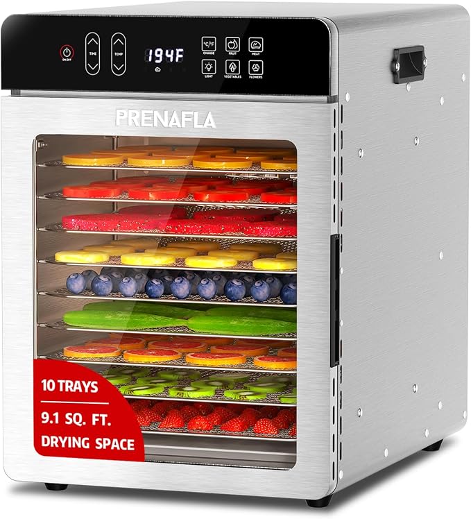 10-Tray Dehydrator, 9.1ft², 800W, 194°F & 24H Timer for Jerky, Fruit, Meat | Large Capacity Stainless Steel Commercial Food Dehydrator 24H Time Control