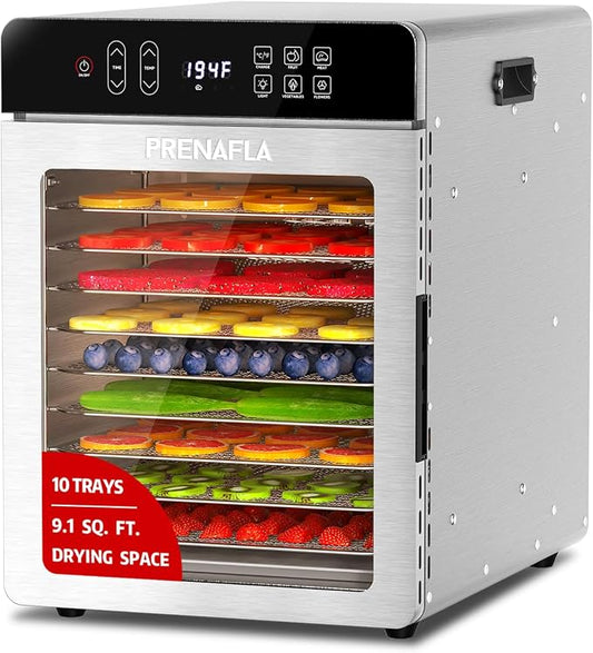 10-Tray Dehydrator, 9.1ft², 800W, 194°F & 24H Timer for Jerky, Fruit, Meat | Large Capacity Stainless Steel Commercial Food Dehydrator 24H Time Control
