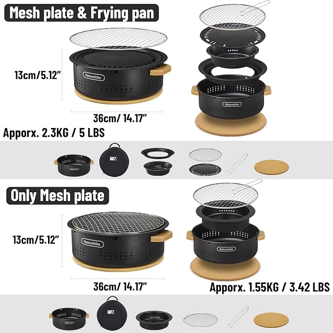 Naturehike Charcoal Barbecue Grill with Heat Proof Mat, 11.8 inches Portable Grill Kit for Outdoor Cooking, Small Non-Stick Korean/Japanese BBQ Charcoal Stove for Camping, Beach, Picnics, Backyard