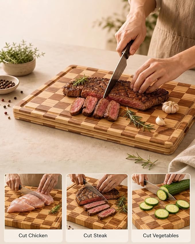 Bamboo Cutting Board 18" x 12", Heavy Duty End Grain Butcher Block for Kitchen, Wooden Chopping Board with Deep Juice Grooves and Handles for Cheese, Charcuterie, Meat, Serving and Gifting