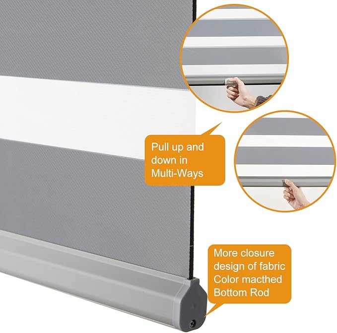 Persilux Cordless Zebra Blinds for Windows Free-Stop Roller Window Shades (39" W X 72" H, Grey) Dual Layer Light Control for Day and Night, Light Filtering Sheer Shades for Home, Easy to Install
