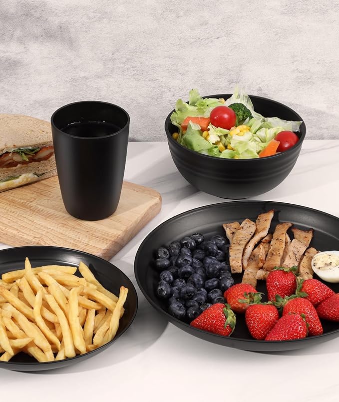 Quatish 16 Piece Plates and Bowls Sets for 4, Unbreakable Dinnerware Sets, Dish Set for Camping, Dishwasher Microwave Safe, Outdoor Kitchen and Apartment Dorm Dinning RV Essentials, Black