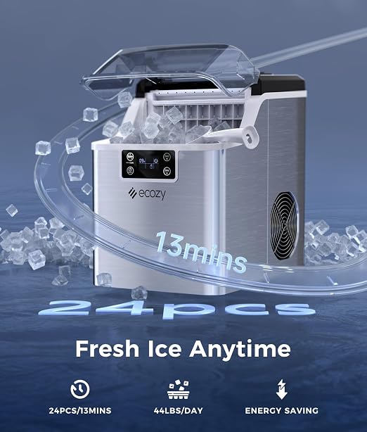 ecozy Portable Ice Cube Maker Countertop, 45 Lbs/Day, Self-Cleaning | Makes 24 ice cubes in just 13 mins, perfect for home, kitchen, bar, office and RV, stainless steel